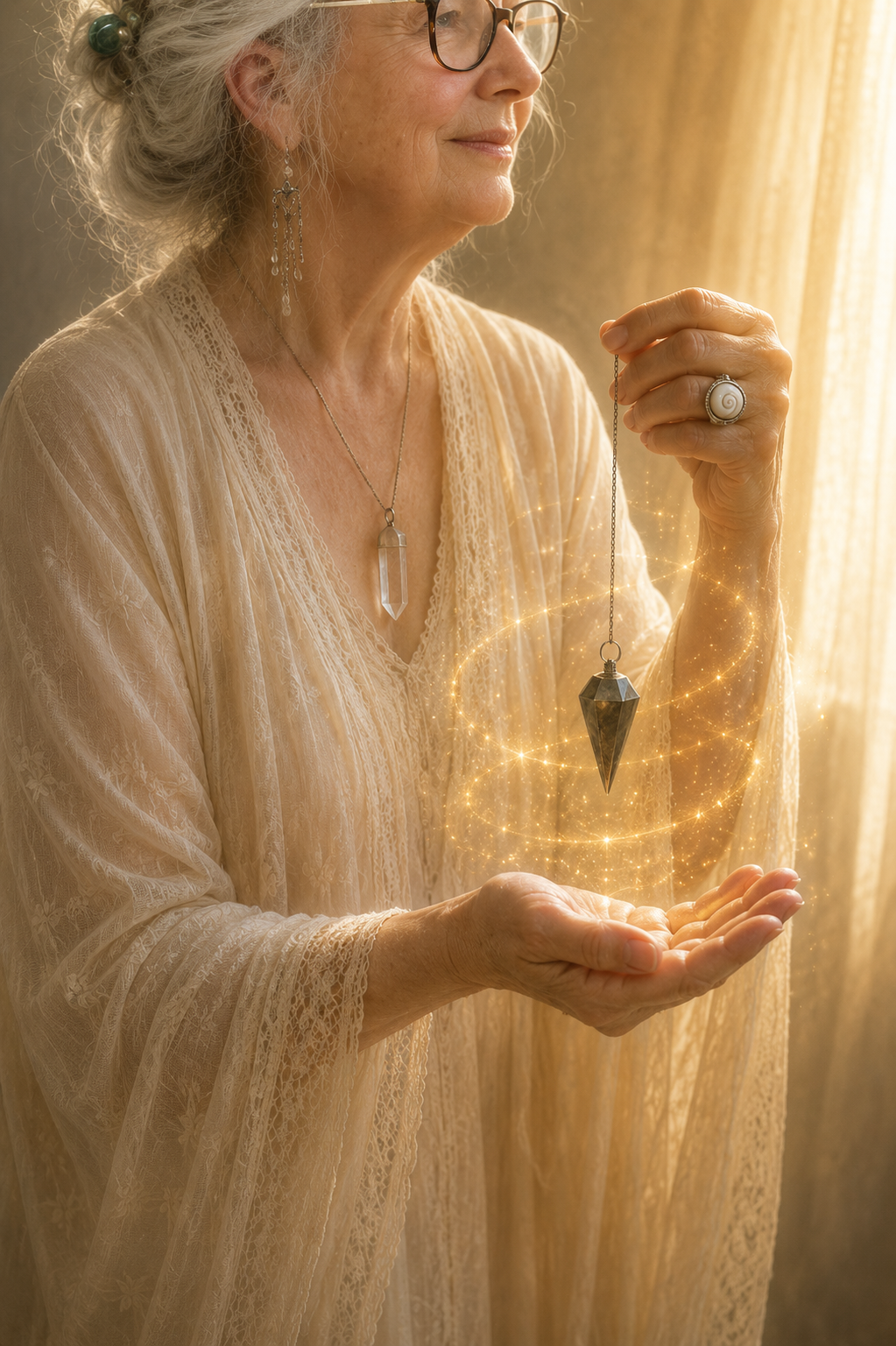 Annie B. Bond holding a luminous pendulum of healing light